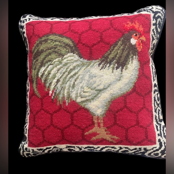 Needlepoint Pillow Rooster Red & White Black Velvet Back Zipper 13.5” Square NWT - Picture 1 of 4